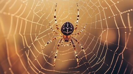 Macro photography of an orb-weaver spider in the center of its intricate web