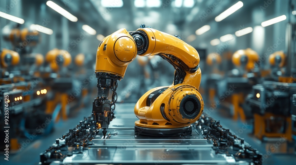 Poster A robotic arm operates efficiently in a high-tech factory, highlighting advanced automation in modern manufacturing