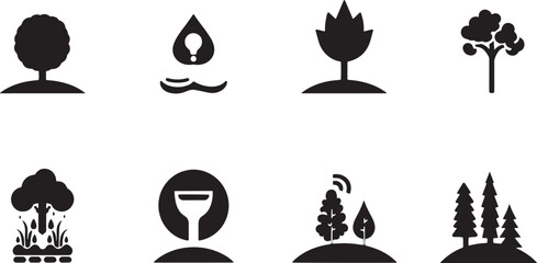 A simple vector icon set featuring a water conservation, eco-friendly practices, forest preservation, and environmental care .icons in black and white style with isolated on white