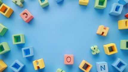 Obraz premium Colorful Border Frame Background with Alphabet Blocks for Back to School Concept on Blue Background