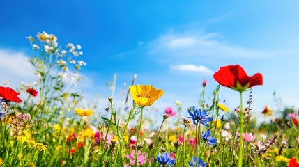 A vibrant field of blooming wildflowers under a clear blue sky, creating a colorful natural background