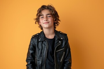 Fototapeta premium A young boy wearing a leather jacket and smiling