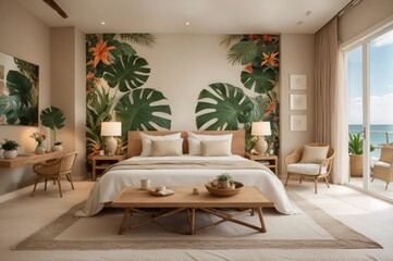 A bedroom with a tropical theme