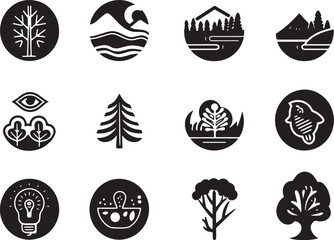 A simple vector icon set featuring a water conservation, eco-friendly practices, forest preservation, and environmental care .icons in black and white style with isolated on white