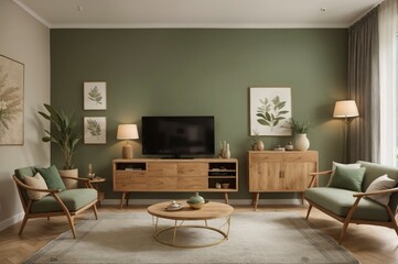Fototapeta premium A living room with a green wall and wooden furniture