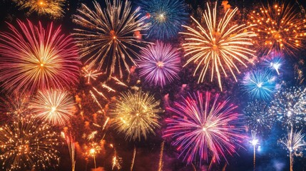 Close-up of bright fireworks exploding in various shapes and colors against a dark sky.