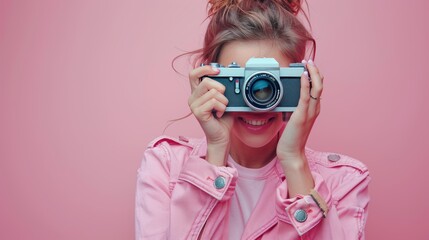 Celebrating World Photography Day with a Vintage Camera on a Pastel Pink Background