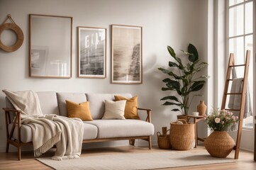 A living room with a white couch, a potted plant, and a ladder