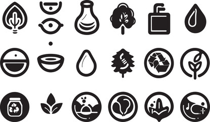 A simple vector icon set featuring a water conservation, eco-friendly practices, forest preservation, and environmental care .icons in black and white style with isolated on white