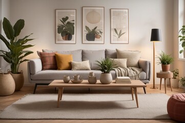 A living room with a couch, coffee table, and potted plants