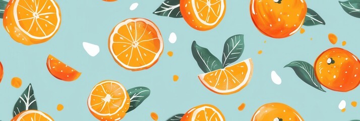 Seamless repetitive background pattern of fresh orange fruit with leaf