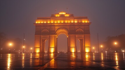 Illuminated India Gate at Night Celebrating India's Independence Day with Vibrant Lights and Reflections