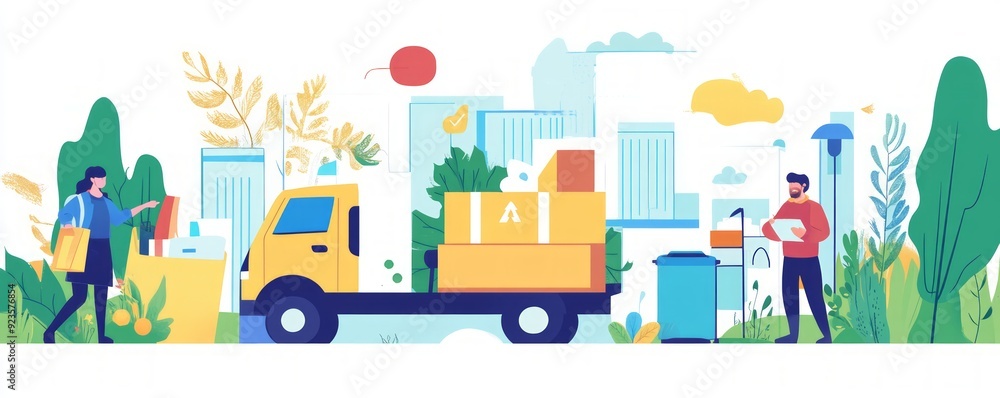 Wall mural Delivery truck with packages and two people unloading