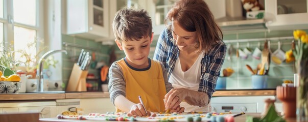 A mother and her young son enjoying a DIY art and craft project together in a cozy kitchen environment, illustrating family bonding and creativity during leisure time