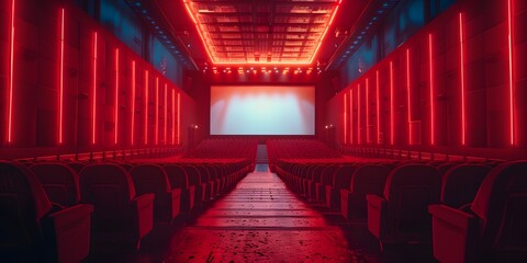 Empty Cinema Hall with Large Screen and No Audience, Showcasing a Modern Theater Environment Ideal for Film Watching, Movie Entertainment, and Leisure Activities