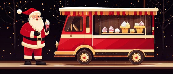 Cheerful Santa Claus serves ice cream from a charming festive truck in a snowy winter scene.
