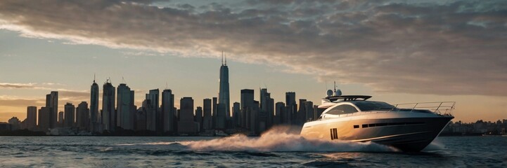 Fototapeta premium A sleek, modern yacht cutting through the waves at sunset with the city skyline in the distance