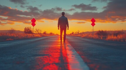 Fototapeta premium A figure stands alone on a quiet road, illuminated by the warm hues of sunset, with striking reflections on the wet asphalt