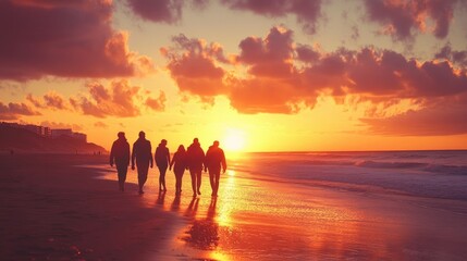 Fototapeta premium A group of friends walking along a beach at sunset, with the sky painted in warm hues.