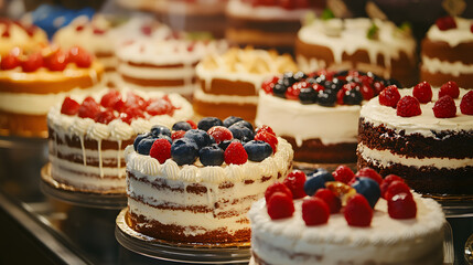 Delicious cakes on display in a bakery commercial advertising photo
