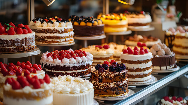 Delicious cakes on display in a bakery commercial advertising photo