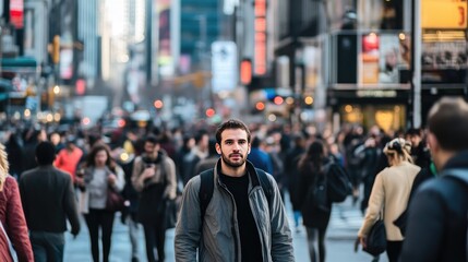 Fototapeta premium A man walking through a busy city street, navigating through the crowd with purpose.