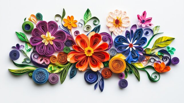 Colorful quilled paper flowers creating intricate and vibrant floral art design on light background.