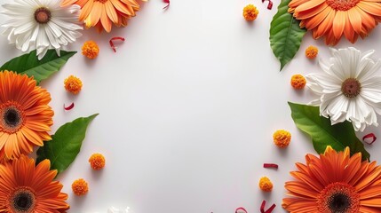 Obraz premium Colorful Floral Frame Celebrating India Independence Day with Marigolds and Gerbera Daisies on White Background