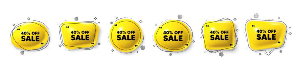 Sale 40 percent off discount. Speech bubble 3d icons set. Promotion price offer sign. Retail badge symbol. Sale chat talk message. Speech bubble banners with comma. Text balloons. Vector