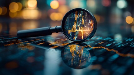 A close-up view captures a magnifying glass revealing vibrant digital data against a blurred urban backdrop at twilight
