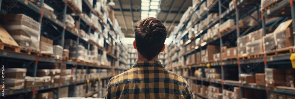 Poster male warehouse employee in retail setting assessing items next to table with boxes, showcasing multi