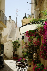 Flower decorated alley of Monopoli in a summer day, Puglia, Italy