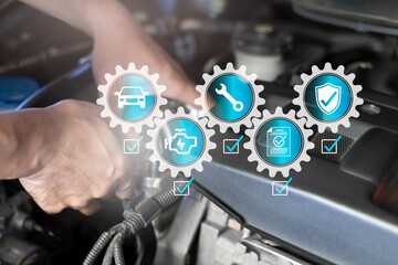 Car service and basic maintenance concept, Technician replacing car engine parts, Standard...