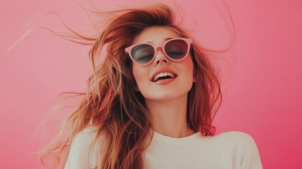 Cheerful Woman with Sunglasses against Pink Background