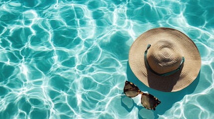 A stylish sun hat with a pair of trendy sunglasses beside a swimsuit, set against the backdrop of a crystal-clear pool.