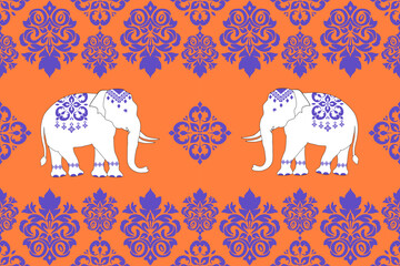 Elephant Silhouette Pattern,damask pattern,thai pattern, traditional ethnic, floral, fabric pattern for textiles,wallpaper, clothing, sarong, batik, wrapping, embroidery, print, background, cover,rugs