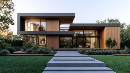 Obraz premium Smart home exterior, eco-friendly materials, energy-efficient architecture, modern suburban life