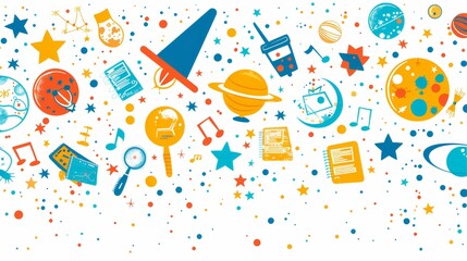 Vibrant and Colorful Education Back to School Background with Science and Music Icons for Creative Learning