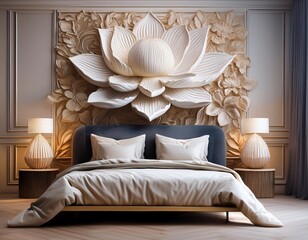 A bedroom has a stucco sculpture of lotus flowers on the wall.