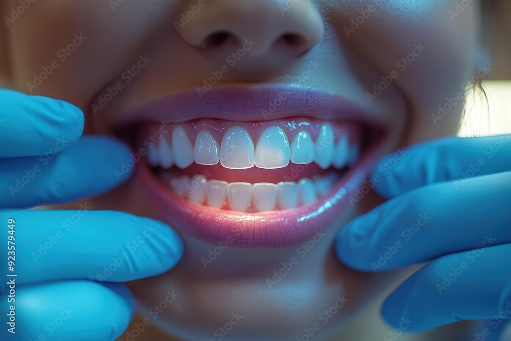 Wall mural closeup of dentists gloved hands examining patients smile modern dental equipment in background warm lighting on clean clinic interior