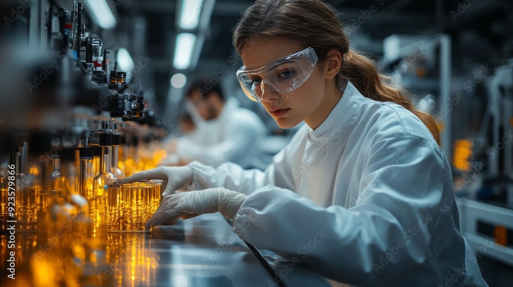 Poster a scientist in a lab coat examines glowing samples in beakers, demonstrating concentration amid a dy