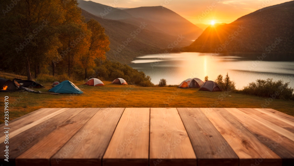 Wall mural Wooden table in the blur camping tent at sunset in the mountain near the lake. Cool and relaxing concept. For product display montage or key visual layout design. space for text	
