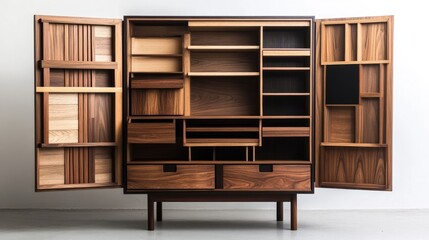A wooden cabinet with open and closed sections, featuring contemporary design elements and organized storage.