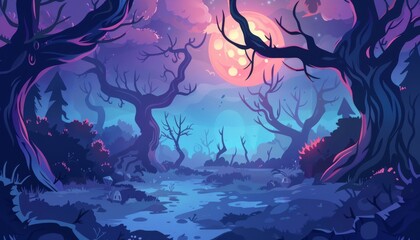 A scary hallowen night in the forbidden forest. The forbidden forest where witches live. Enchanted forest at twilight. Cartoon fantasy illustration background.