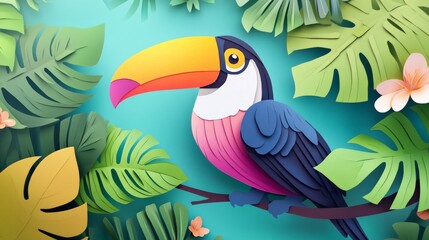 Colorful toucan illustration with vibrant tropical leaves and flowers, showcasing a lively jungle setting in vivid hues.