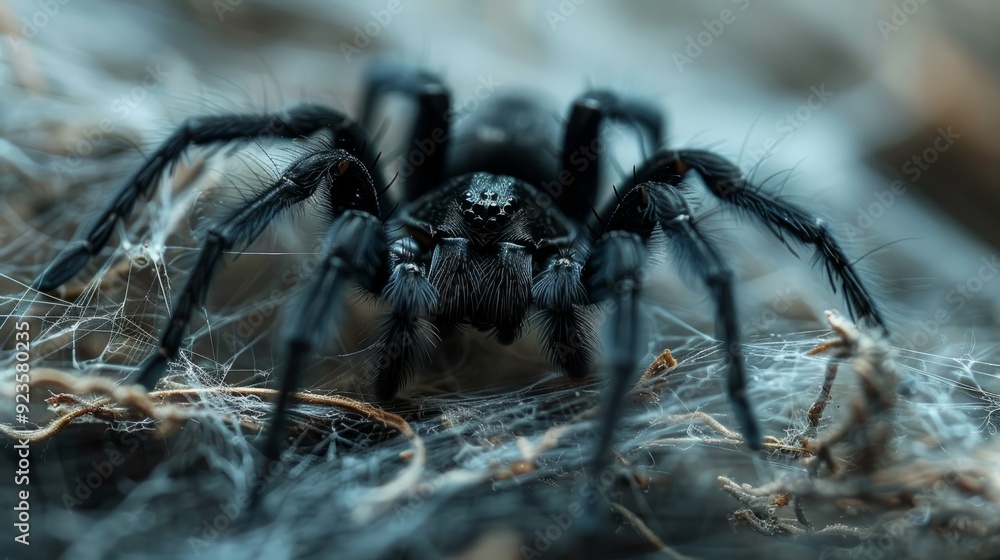 Poster close-up of a black spider resting on a web during twilight
