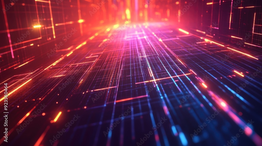 Poster futuristic neon grid background with glowing lines and a techy vibe.
