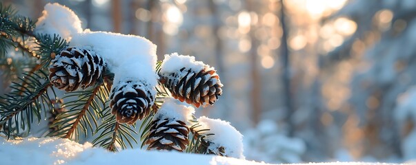 A close-up of a snow-covered pine branch with pine cones set against a blurred background of a winter forest to highlight the intricate details