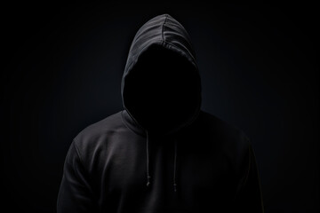 A faceless guy wearing a hood , dark background, A killer in the dark. Horror, 13th