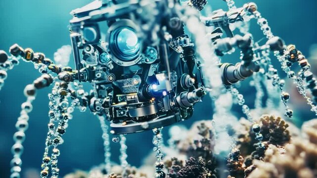 Macro close-up of a futuristic spider nanobot. Microscopic robot, future technology, nanotechnology concepts. Sci-fi cinematic clip. High quality 4k footage